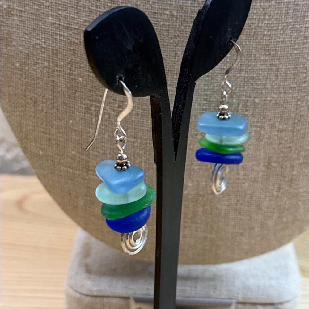 Fashion Jewelry Blue and Green Sea Glass Earrings - Picture 2 of 4
